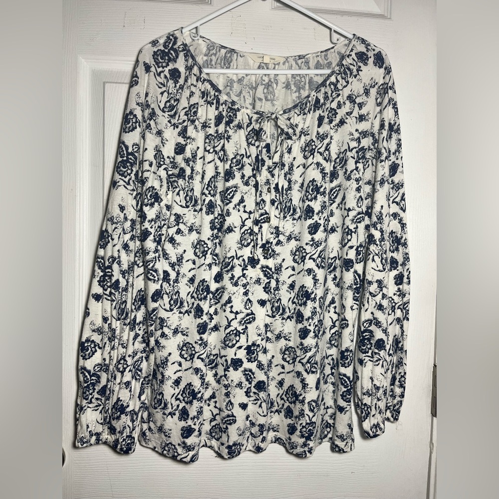 Lucky Brand Floral Print Women's Top Blue/Cream Long Sleeve,‎ Tie Ruched Neck L